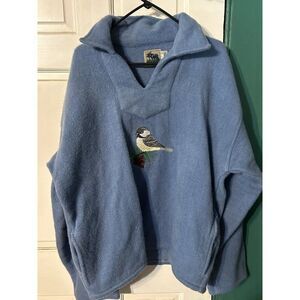 Cabin Fever Blue Fleece Pullover With Bird Embroidery - Cozy & Stylish For Natur